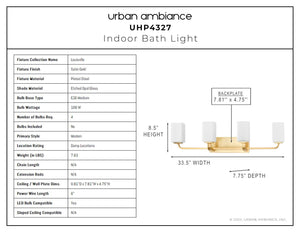 A diagram showing the dimensions of a luxury Urban Ambiance UHP4327 Contemporary Bath Light lighting fixture.
