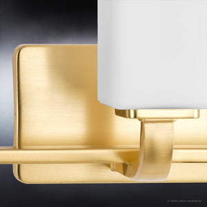 A unique lighting fixture, the UHP4327 Contemporary Bath Light 8.5''H x 33.5''W features a satin gold finish and belongs to the Louisville Collection by Urban Amb
