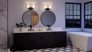 An Urban Ambiance bathroom with a unique lighting fixture, the UHP4329 Contemporary Bath Light 8.5''H x 13.5''W, in Midnight Black Finish, Louisville Collection