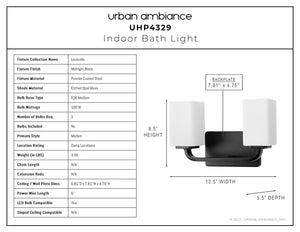 A diagram showing the dimensions of a beautiful Urban Ambiance UHP4329 Contemporary Bath Light, Louisville Collection.