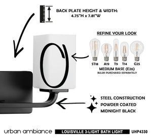 A diagram illustrating the luxurious installation of the UHP4330 Contemporary Bath Light 8.5''H x 23.5''W, Midnight Black Finish, Louisville Collection by Urban Ambiance in