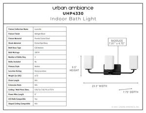 A diagram showing the dimensions of a gorgeous Urban Ambiance UHP4330 Contemporary Bath Lighting Fixture 8.5''H x 23.5''W, Midnight Black Finish, Louisville Collection.