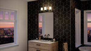 An Urban Ambiance UHP4330 Contemporary Bath Light is a gorgeous lighting fixture in a black and white bathroom with a view of the city.