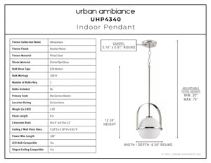 A modern pendant light with dimensions of 12.375''H x 9.375''W, featuring a brushed nickel finish from the Albuquerque Collection by Urban Ambiance.