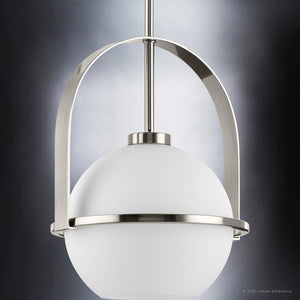 A luxury, unique pendant from the Albuquerque Collection featuring a white glass shade and Brushed Nickel Finish.