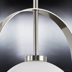 A beautiful Mid-Century Modern pendant lamp with a brushed nickel finish and white glass globe.