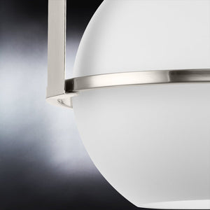 A beautiful UHP4341 Mid-Century Modern Pendant with a brushed nickel finish and a white glass ball on a black background.