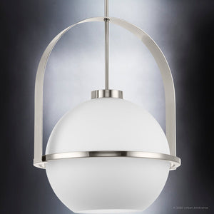 A beautiful Urban Ambiance UHP4341 Mid-Century Modern Pendant 21.625''H x 16.125''W with a white glass shade.