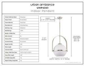 A diagram showing the dimensions of a unique Urban Ambiance UHP4341 Mid-Century Modern Pendant 21.625''H x 16.125''W, Brushed Nickel
