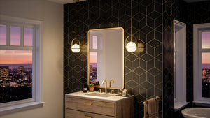 A bathroom with a luxury lighting fixture, the Urban Ambiance UHP4342 Mid-Century Modern Pendant 12.375''H x 9.375''W, Brushed