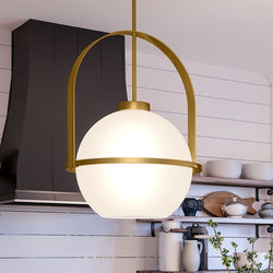 A unique UHP4343 Mid-Century Modern Pendant 21.625''H x 16.125''W, Brushed Bronze Finish, Albuquerque Collection pendant light hanging over a kitchen counter