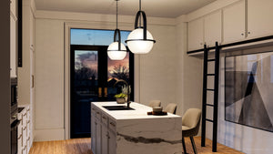 A rendering of a beautiful and unique kitchen featuring UHP4345 Mid-Century Modern Pendant 21.625''H x 16.125''W in Midnight Black Finish from the Albuquerque Collection
