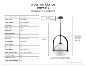 A unique diagram showing the dimensions of the beautiful Urban Ambiance UHP4345 Mid-Century Modern Pendant 21.625''H x 16.125''W, Midnight Black Finish,