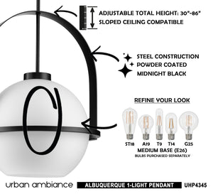 A beautiful Mid-Century Modern pendant light from the Albuquerque Collection by Urban Ambiance, featuring a Midnight Black Finish and detailed instructions on usage.