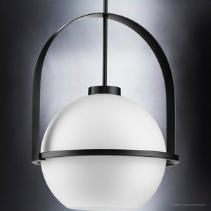 A beautiful UHP4345 Mid-Century Modern Pendant with a unique white globe hanging from it.