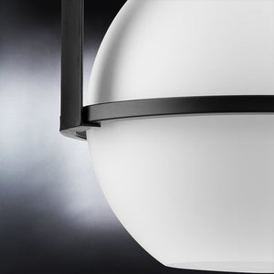 An Urban Ambiance light fixture with the UHP4345 Mid-Century Modern Pendant, featuring a Midnight Black Finish and a luxurious Albuquerque Collection sphere on a beautiful black background.