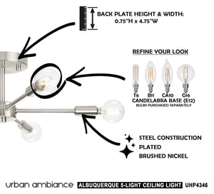 A diagram illustrating the installation of a luxurious Urban Ambiance UHP4346 Mid-Century Modern Ceiling Light 5.625''H x 16''W, Brushed Nickel Finish