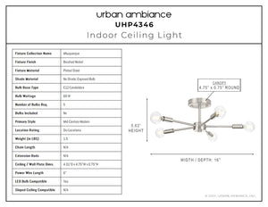 A unique diagram showing the details of a gorgeous Urban Ambiance UHP4346 Mid-Century Modern Ceiling Light 5.625''H x 16''W, Brushed Nickel