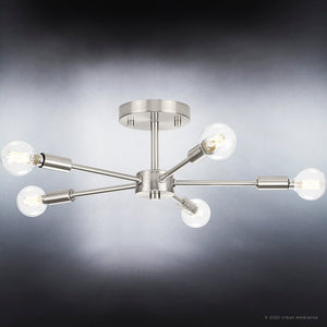 An Urban Ambiance UHP4346 Mid-Century Modern Ceiling Lighting Fixture 5.625''H x 16''W, Brushed Nickel Finish, Albuquerque Collection with five light bulbs.