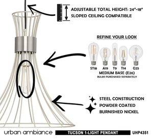 A unique diagram showcasing the beautiful UHP4351 Mid-Century Modern Pendant 16''H x 18''W lighting fixture with a Burnished Nickel Finish from the Tucson Collection by Urban Amb