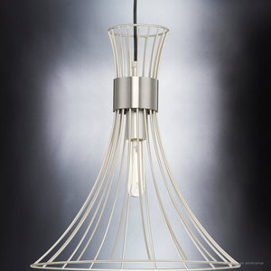 A unique pendant light with a wire cage hanging from it, the UHP4351 Mid-Century Modern Pendant 16''H x 18''W, Burnished Nickel Finish, Tucson Collection