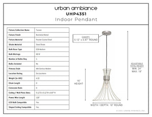 A unique diagram showcasing the dimensions of the luxurious UHP4351 Mid-Century Modern Pendant 16''H x 18''W, Burnished Nickel Finish from the beautiful Tucson Collection by Urban
