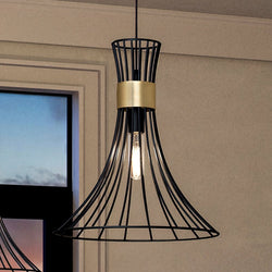 A unique and luxury Urban Ambiance UHP4352 Mid-Century Modern Pendant 16''H x 18''W, Midnight Black Finish, Tucson Collection lamp hanging over a window.