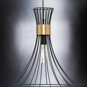 An UHP4352 Mid-Century Modern Pendant 16''H x 18''W, Midnight Black Finish, Tucson Collection lighting fixture with a gorgeous gold bulb.