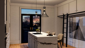 A 3D rendering of a kitchen with a gorgeous lighting fixture, the UHP4352 Mid-Century Modern Pendant 16''H x 18''W, Midnight Black Finish