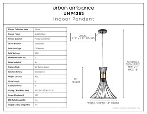 A unique lighting fixture showcasing the dimensions of an Urban Ambiance UHP4352 Mid-Century Modern Pendant 16''H x 18''W, Midnight Black Finish, Tucson Collection