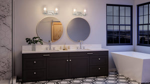 An Urban Ambiance bathroom with a beautiful UHP4360 Contemporary Bath Light 8''H x 16''W, Brushed Nickel Finish, Mesa Collection tiled floor.