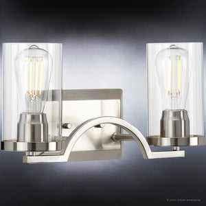 A luxurious lighting fixture from the Mesa Collection, the UHP4360 Contemporary Bath Light 8''H x 16''W in a brushed nickel finish with two gorgeous glass shades.