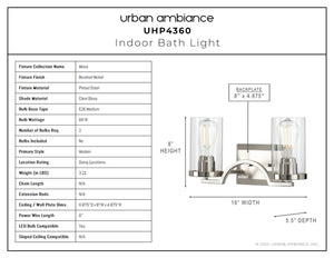 A diagram showing the dimensions of a gorgeous Urban Ambiance UHP4360 Contemporary Bath Light 8''H x 16''W, Brushed Nickel Finish, Mesa Collection.