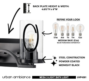 A beautiful image of a Urban Ambiance UHP4361 Contemporary Bath Light 8''H x 16''W, Midnight Black Finish, Mesa Collection with instructions on how to use it