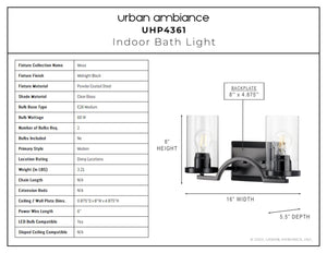 A diagram showcasing the dimensions and design details of a beautiful UHP4361 Contemporary Bath Light from Urban Ambiance.