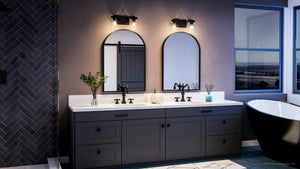 A beautiful bathroom with a unique lighting fixture, the Urban Ambiance UHP4361 Contemporary Bath Light 8''H x 16''W, Midnight Black Finish, Mesa Collection.