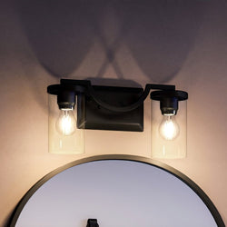 A beautiful Urban Ambiance bathroom vanity with two UHP4361 Contemporary Bath Lights and a mirror.