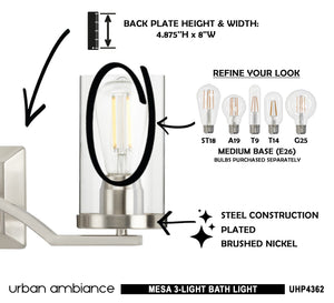 A unique lighting fixture, the UHP4362 Contemporary Bath Light in Brushed Nickel Finish from the Mesa Collection by Urban Ambiance with instructions on how to use it.