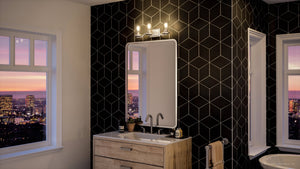 An Urban Ambiance UHP4362 Contemporary Bath Light 8''H x 24''W, Brushed Nickel Finish, Mesa Collection luxury lighting fixture in a black and white bathroom with a view