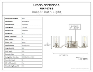 A diagram showcasing the dimensions of the UHP4362 Contemporary Bath Light 8''H x 24''W, Brushed Nickel Finish from the Mesa Collection by Urban Ambiance.