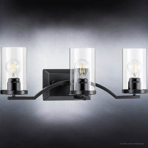 Three UHP4363 Contemporary Bath Lights with a unique and beautiful Midnight Black Finish from the luxury Mesa Collection by Urban Ambiance.