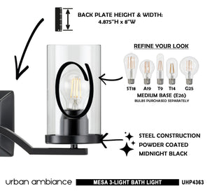 A diagram showing how to install the unique Urban Ambiance UHP4363 Contemporary Bath Light 8''H x 24''W, Midnight Black Finish, Mesa Collection light fixture.
