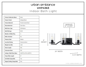 A diagram showing how to install a unique Urban Ambiance UHP4363 Contemporary Bath Light 8''H x 24''W, Midnight Black Finish, Mesa Collection.