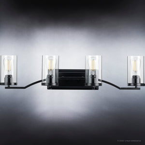 Four UHP4365 Contemporary Bath Light 8''H x 34''W, Midnight Black Finish, Mesa Collection with clear glass shades by Urban Ambiance, offering a luxury lighting fixture