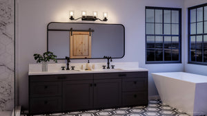 An Urban Ambiance bathroom with a unique UHP4365 Contemporary Bath Light and luxury Mesa Collection tiled floor.