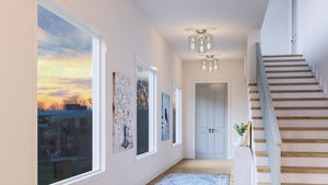An image of a hallway with windows and a rug featuring the UHP4366 Contemporary Ceiling Light 10.5''H x 13''W, Brushed Nickel Finish, Mesa Collection by Urban