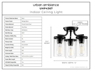 An image of a beautiful Urban Ambiance UHP4367 Contemporary Ceiling Light 10.5''H x 13''W, Midnight Black Finish, Mesa Collection with three light bulbs.