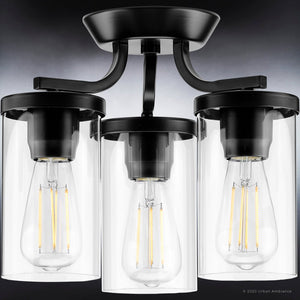 Three UHP4367 Contemporary Ceiling Light with Midnight Black Finish from the Mesa Collection by Urban Ambiance, featuring clear glass bulbs.