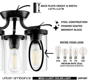 A unique lighting fixture, the UHP4367 Contemporary Ceiling Light from the Mesa Collection by Urban Ambiance features a clear glass shade.