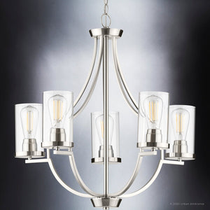 A luxurious lighting fixture from the Mesa Collection, the Urban Ambiance UHP4368 Contemporary Chandelier features a gorgeous brushed nickel finish and clear glass shades.